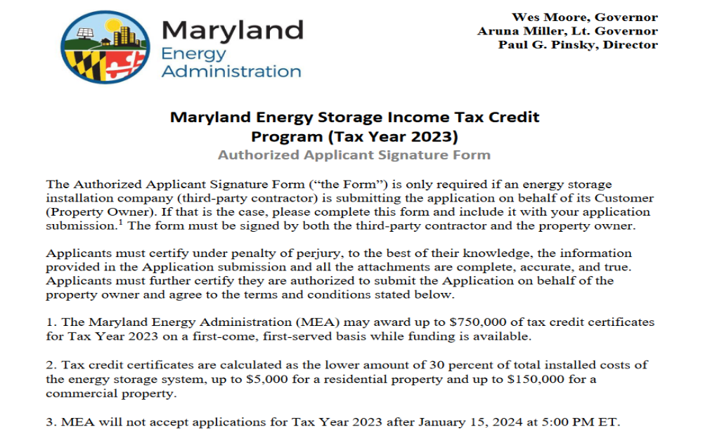 Screenshot of Maryland Energy Administration's application form for the Maryland Energy Storage Income Tax Credit Program for the 2023 tax year.